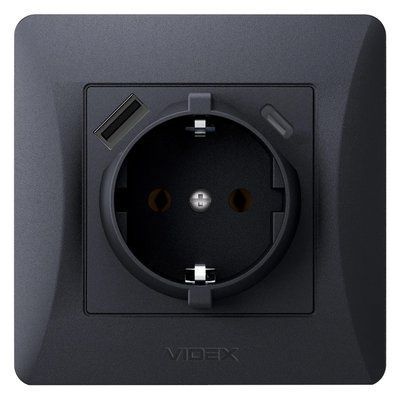 VIDEX BINERA Розетка одинарная с заземлением с USB+USB-C черный графит 99-00021608 фото