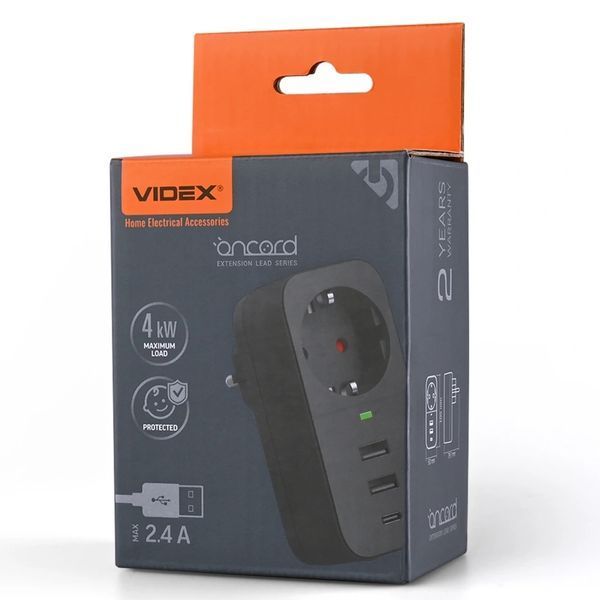 VIDEX ONCORD з/з 1п 2.4A 2USB+USB-C Black Мережевий адаптер з заземленням 99-00017542 фото