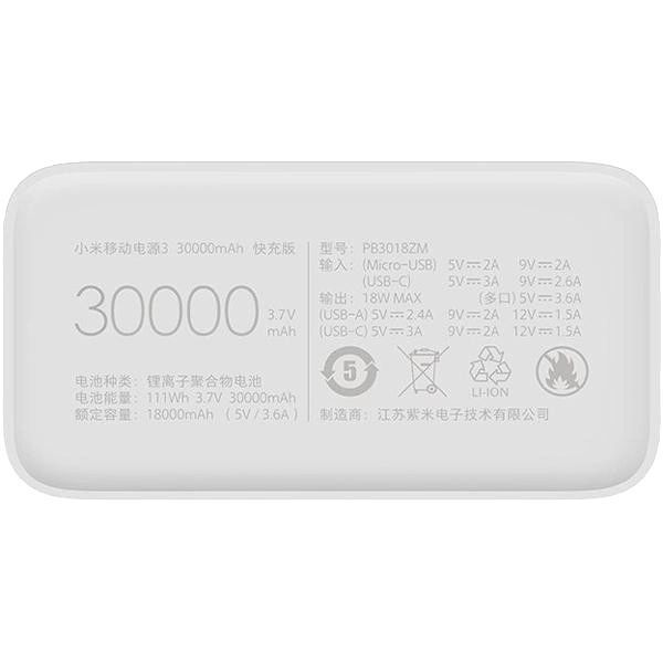 Xiaomi Mi Power Bank 3 30000 mAh 24W Fast Charge PB3018ZM White (VXN4307CN) Повербанк 99-00012278 фото