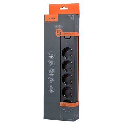 VIDEX ONCORD з/з 5п 3м (3x1.5мм) Мережевий подовжувач з кнопкою Black 99-00017546 фото