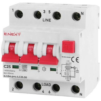 Enext e.rcbo.pro.4.C25.30, 3P+N, 25А, С, тип А, 30 Выключатель дифференциального тока с защитой от сверхтоков 99-00021475 фото